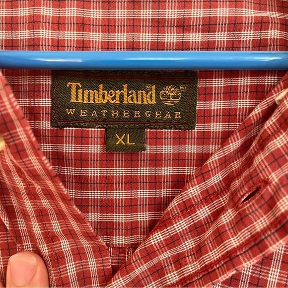 Men’s Timberland Weathergear Short Sleeve Red White Plaid Button Down Shirt XL - Picture 7 of 8